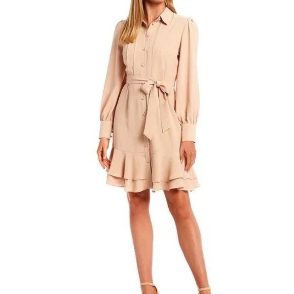 Alex Marie Dresses & Skirts - Elegant Tan Dress with Belt
